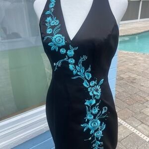 ✨Morgan & Co. Black Dress with Blue Floral Embroidery, sequins and sparkles ✨